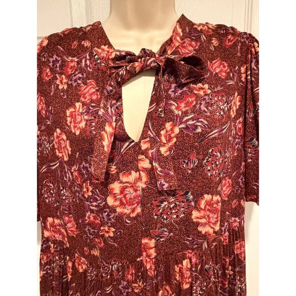 Good Heart Dresses & Skirts - Good‎ Hart Floral Boho Midi Dress Burgundy Rust Red Tie Neck Rayon Medium M